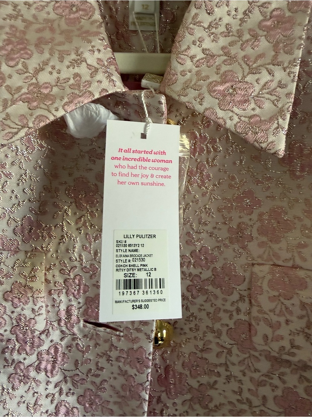 NWT Eloraina Brocade Jacket, Conch Shell Pink Ritsy Ditsy Metallic Brocade, S 12 - Picture 3 of 4